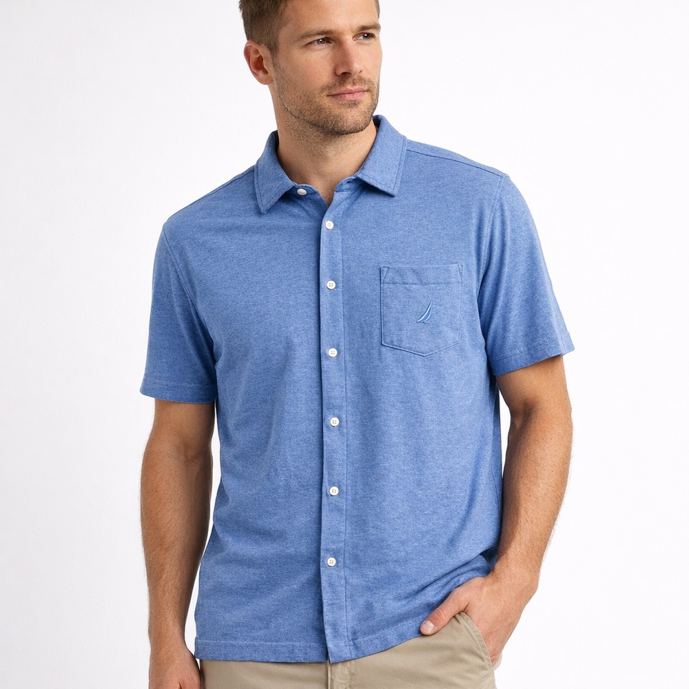 Nautica Blue Button Front Polo Shirt Pocket Cotton Large